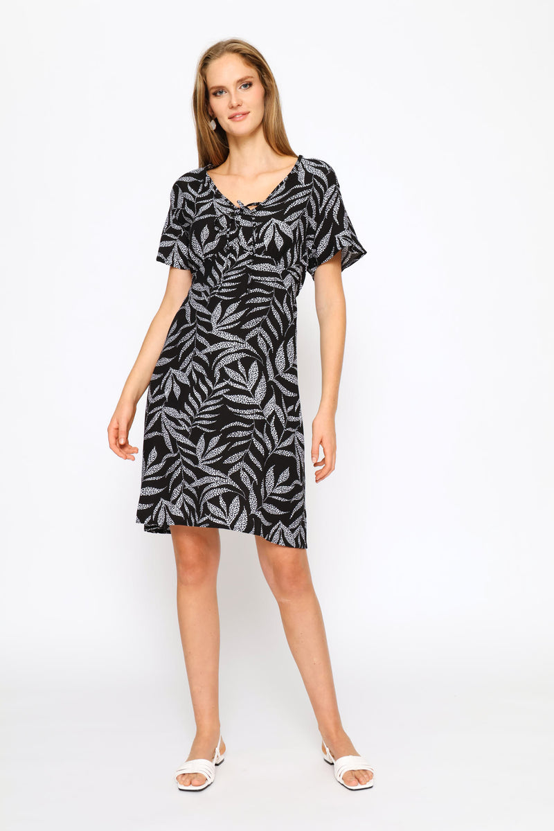 Flutter Sleeve V-Neck Flare Mini Dress - Black/White
