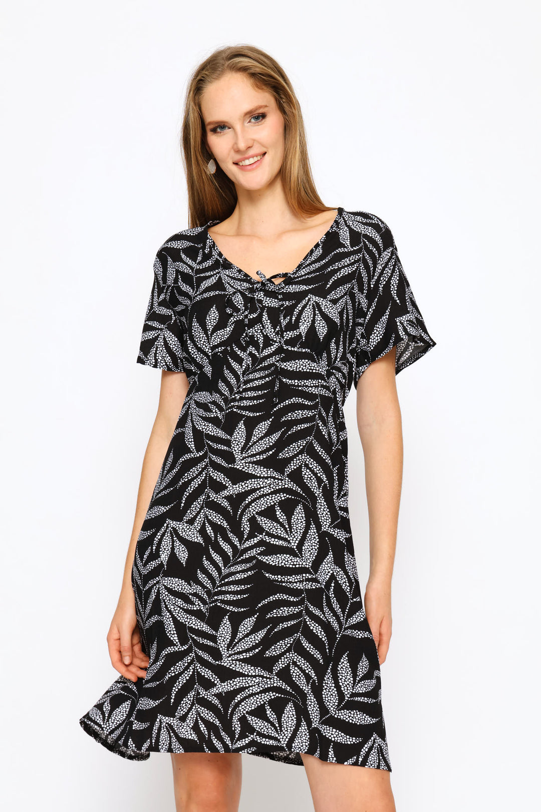 Flutter Sleeve V-Neck Flare Mini Dress - Black/White