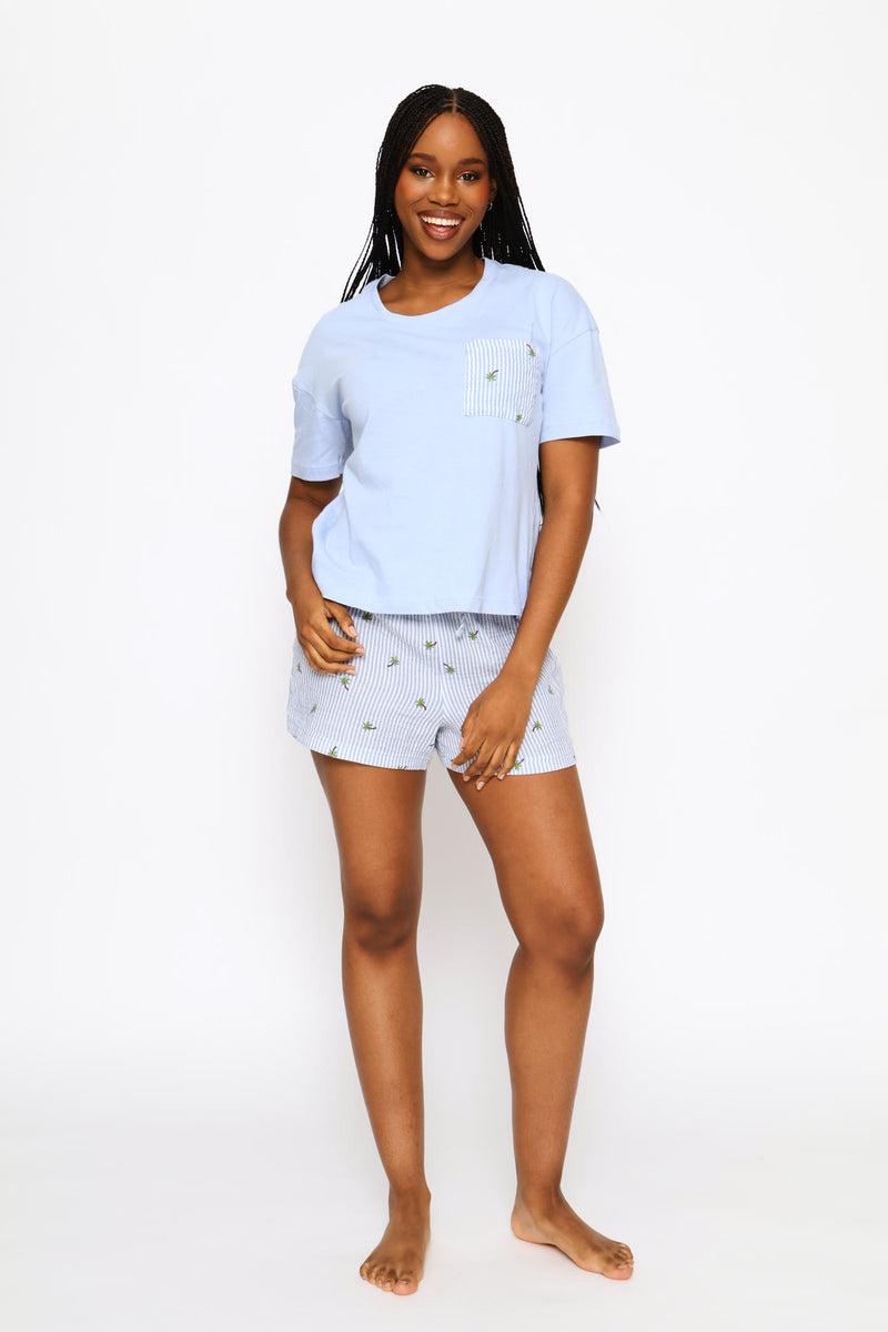 Knit & Woven Short Sleep Set - White/Blue