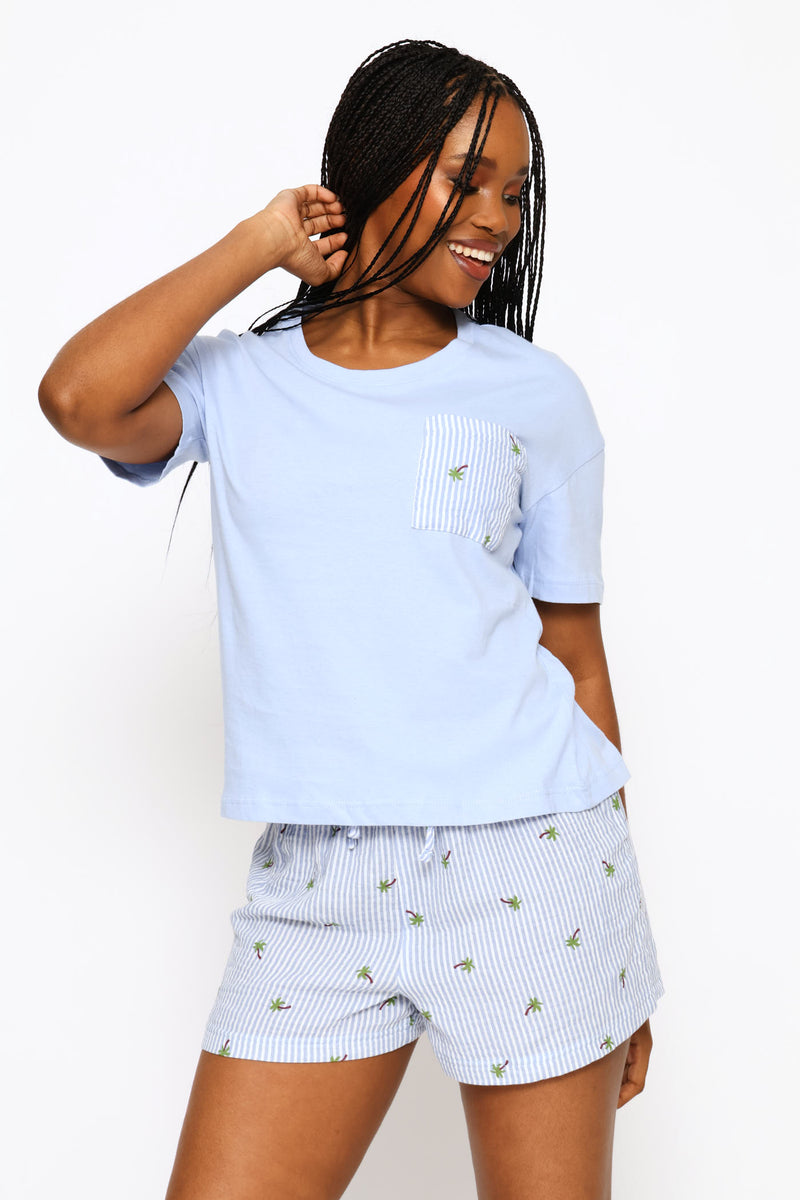 Knit & Woven Short Sleep Set - White/Blue