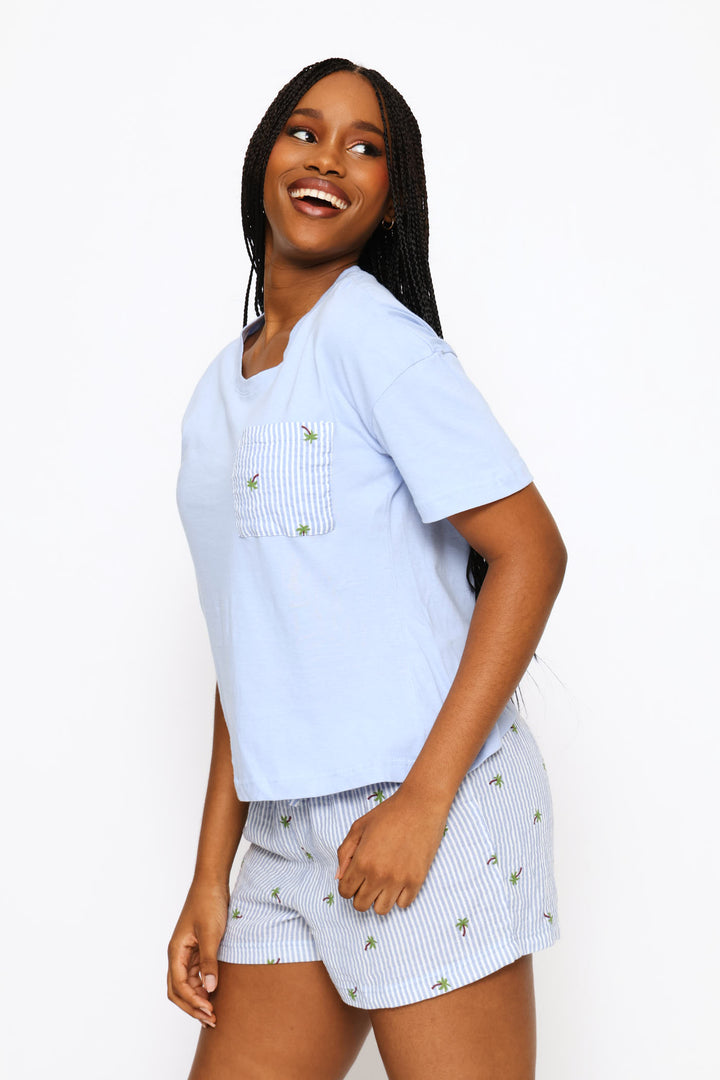 Knit & Woven Short Sleep Set - White/Blue