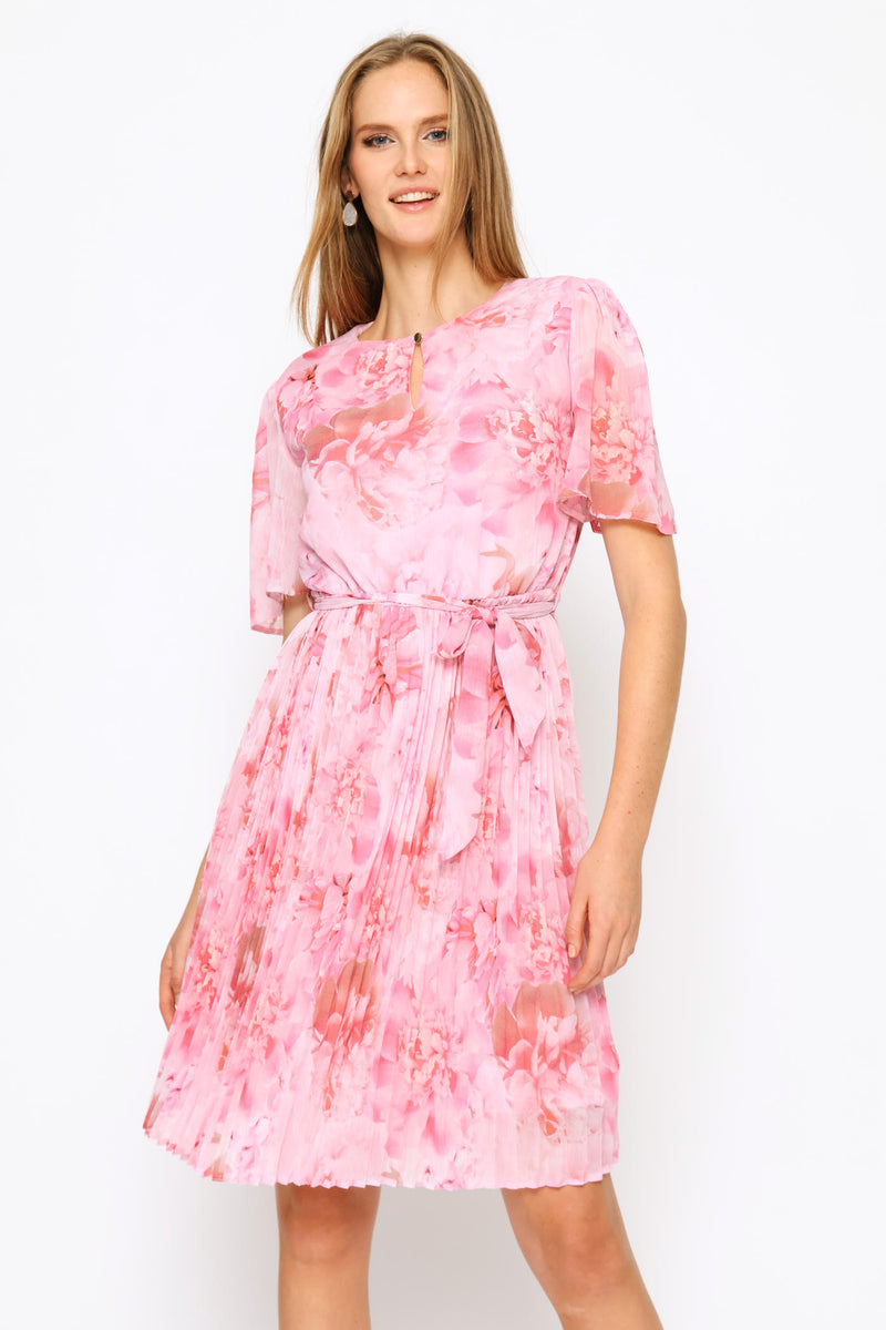 Soft Floral Pleated Tea Dress - Pink