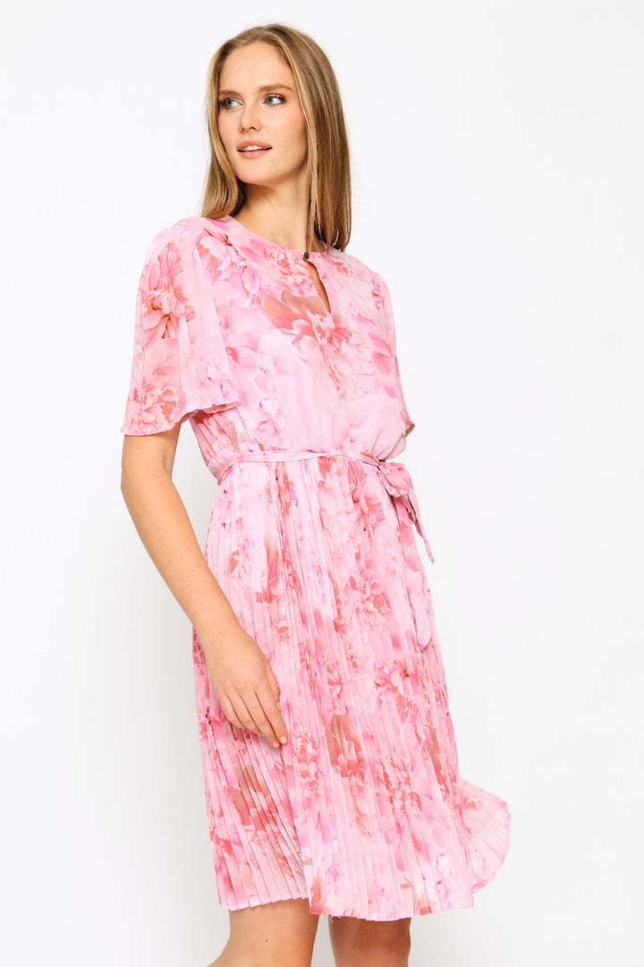 Soft Floral Pleated Tea Dress - Pink