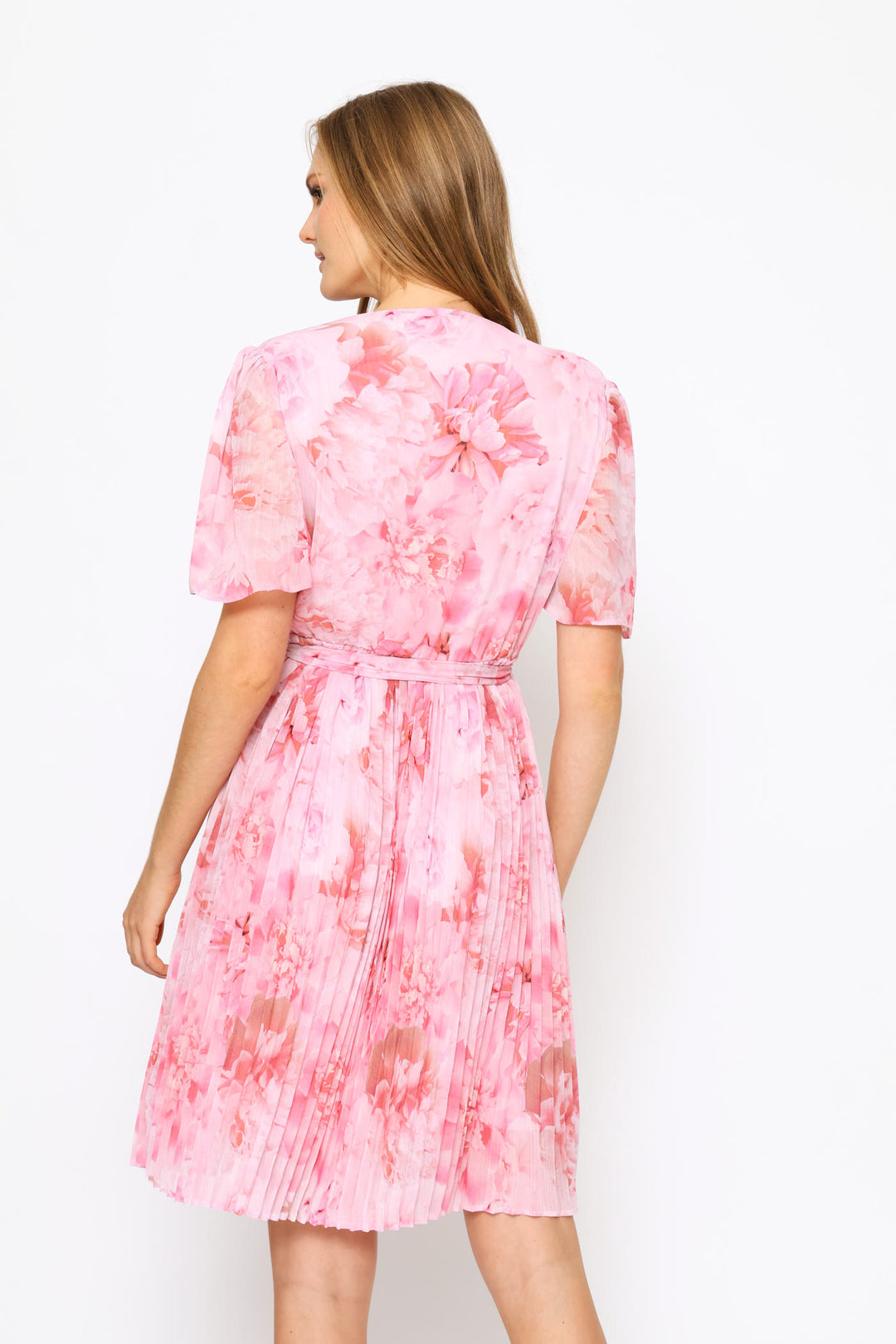 Soft Floral Pleated Tea Dress - Pink
