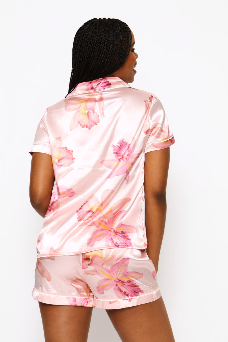 Orchid Button Through & Short Satin Set - Pink