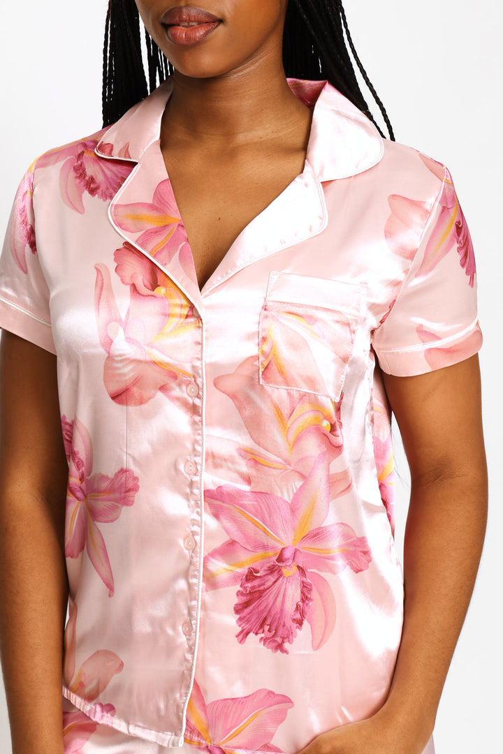Orchid Button Through & Short Satin Set - Pink