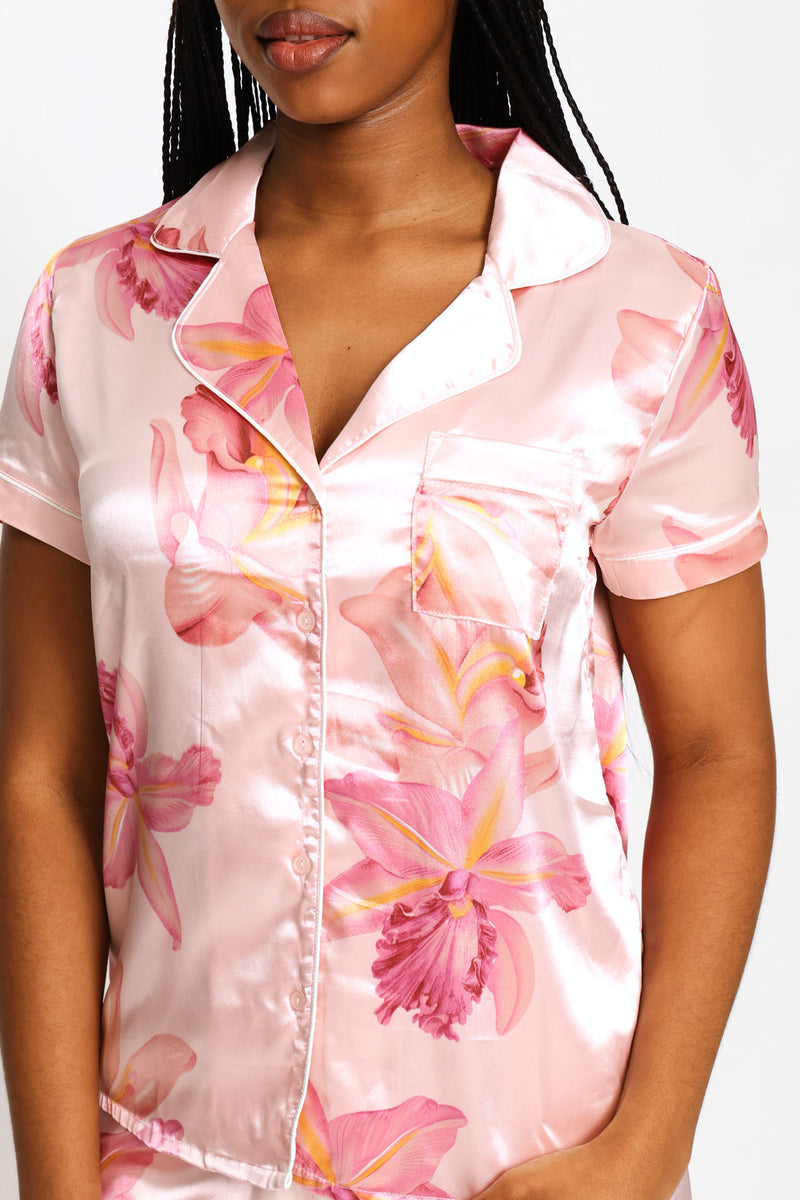 Orchid Button Through & Short Satin Set - Pink