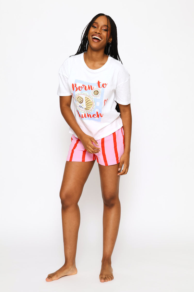 Combo Knit Top & Woven Short Set - White/Pink