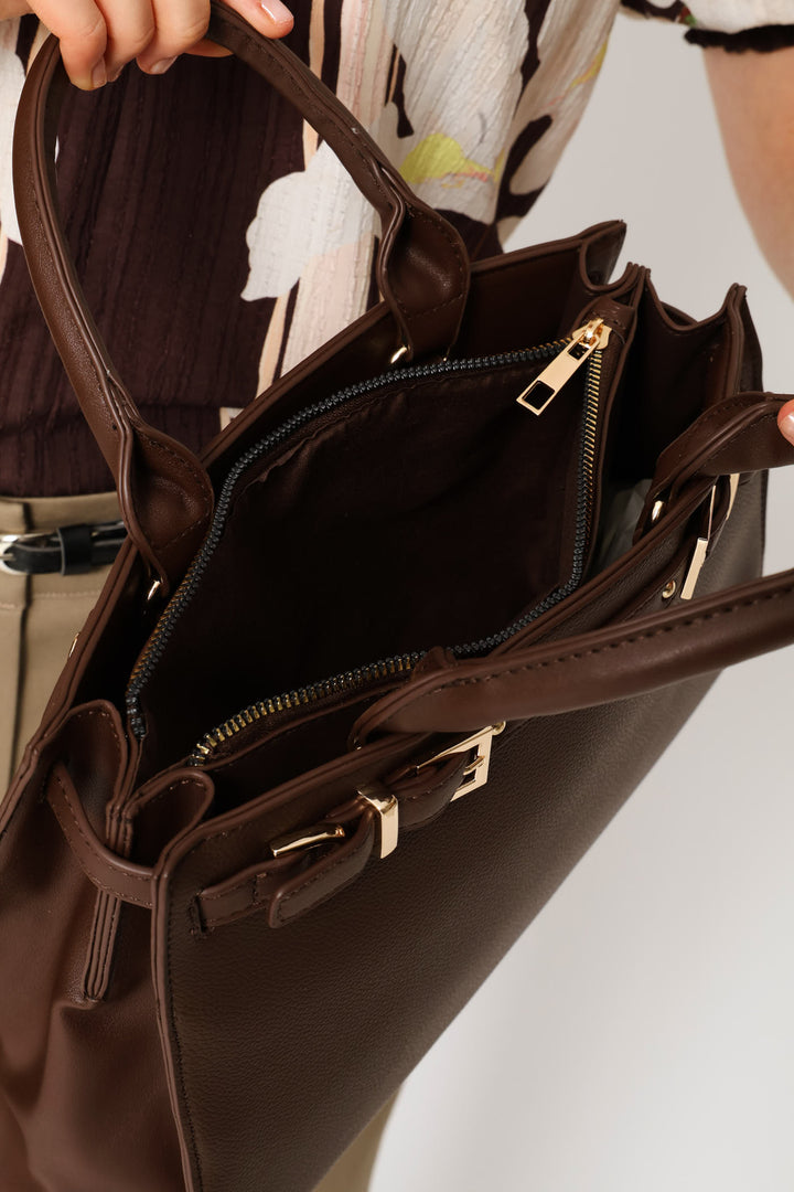 Gold Hardware Belt Tote Bag - Chocolate