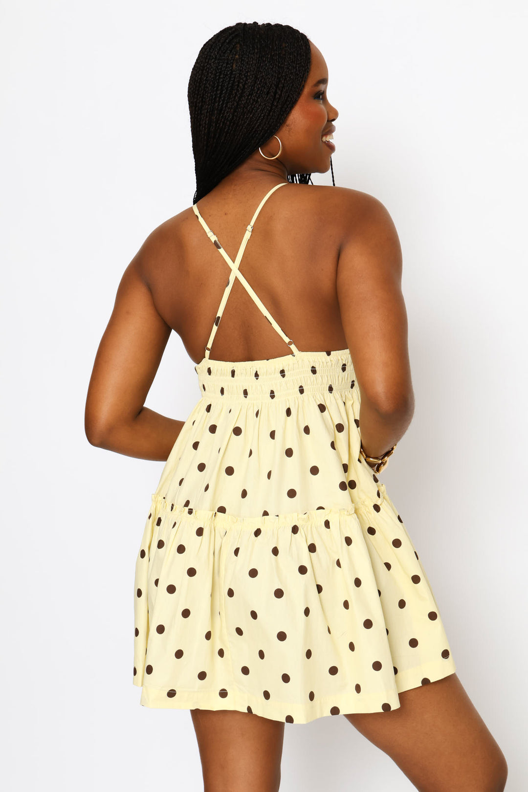 Polka Dot Strappy Babydoll Mini Dress - Butter Yellow