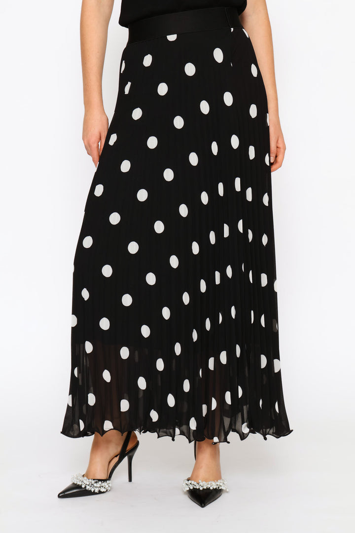 Polka Dot Flared Hem Pleated Maxi Skirt - Black