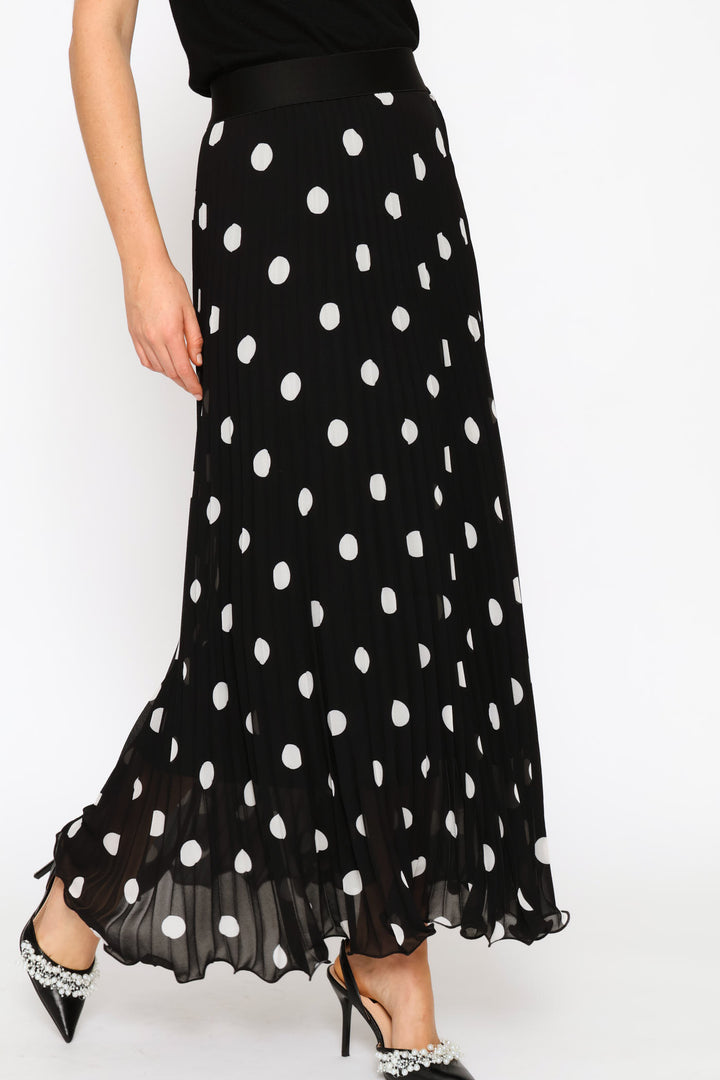 Polka Dot Flared Hem Pleated Maxi Skirt - Black