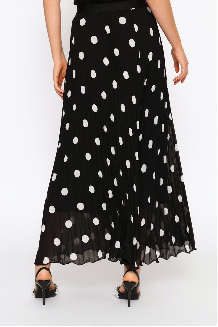 Polka Dot Flared Hem Pleated Maxi Skirt - Black