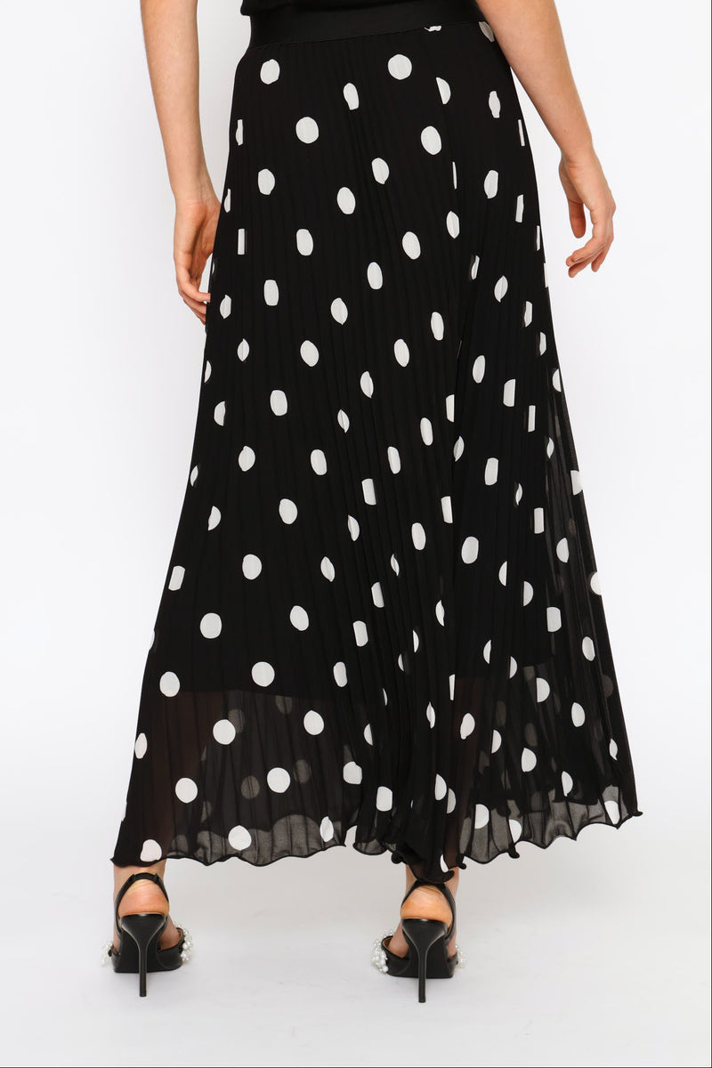 Polka Dot Flared Hem Pleated Maxi Skirt - Black