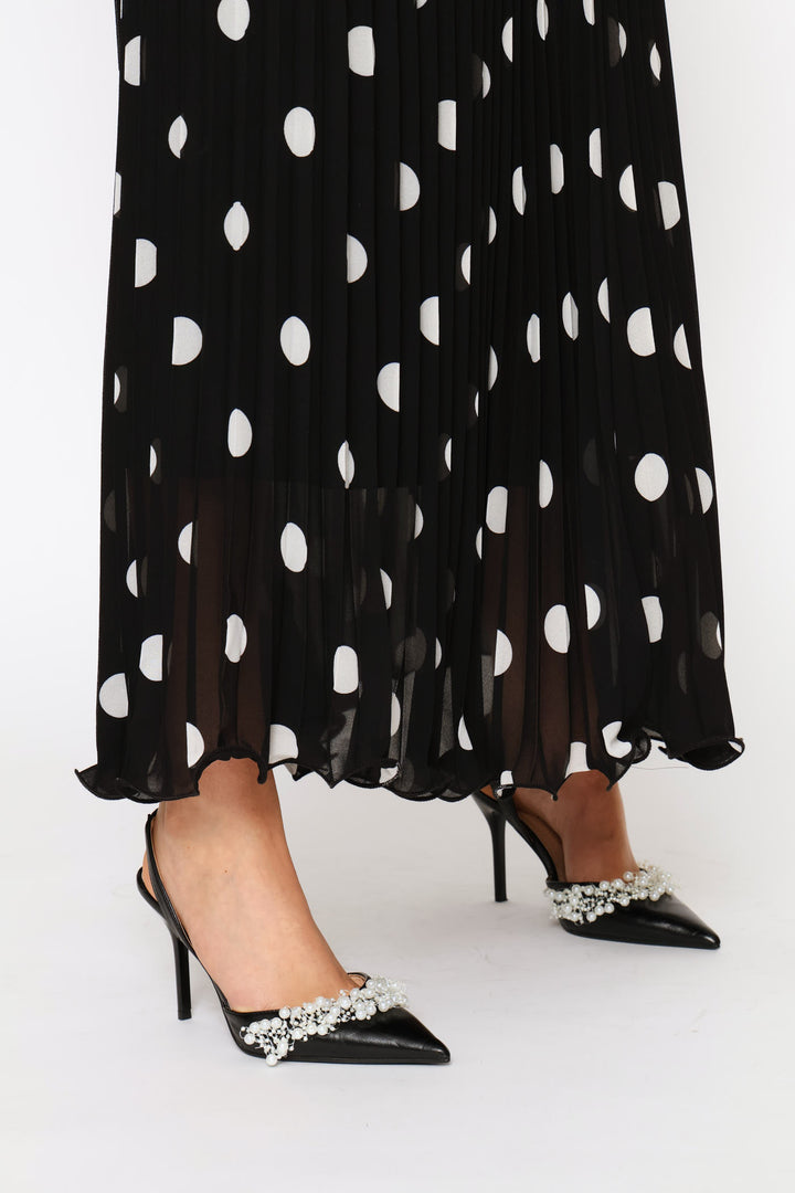 Polka Dot Flared Hem Pleated Maxi Skirt - Black