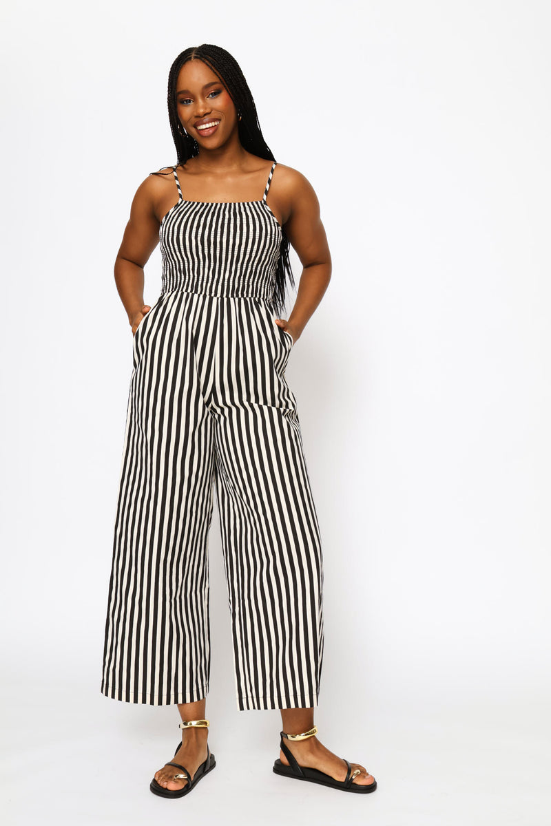 Stripe Smock Bodice Jumpsuit - Black/Cream
