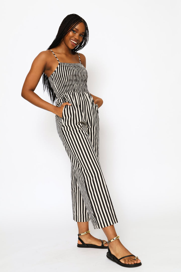 Stripe Smock Bodice Jumpsuit - Black/Cream
