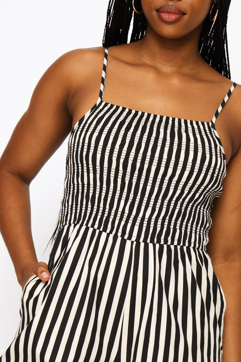 Stripe Smock Bodice Jumpsuit - Black/Cream