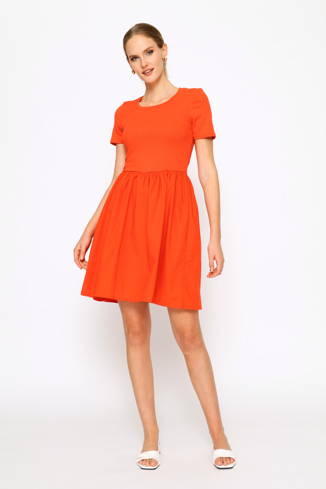 Rib Combo Babydoll Mini Dress - Dark Orange