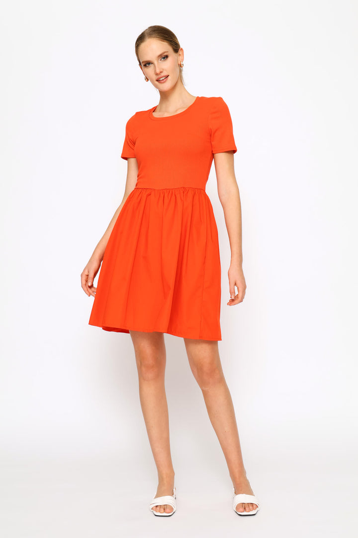 Rib Combo Babydoll Mini Dress - Dark Orange
