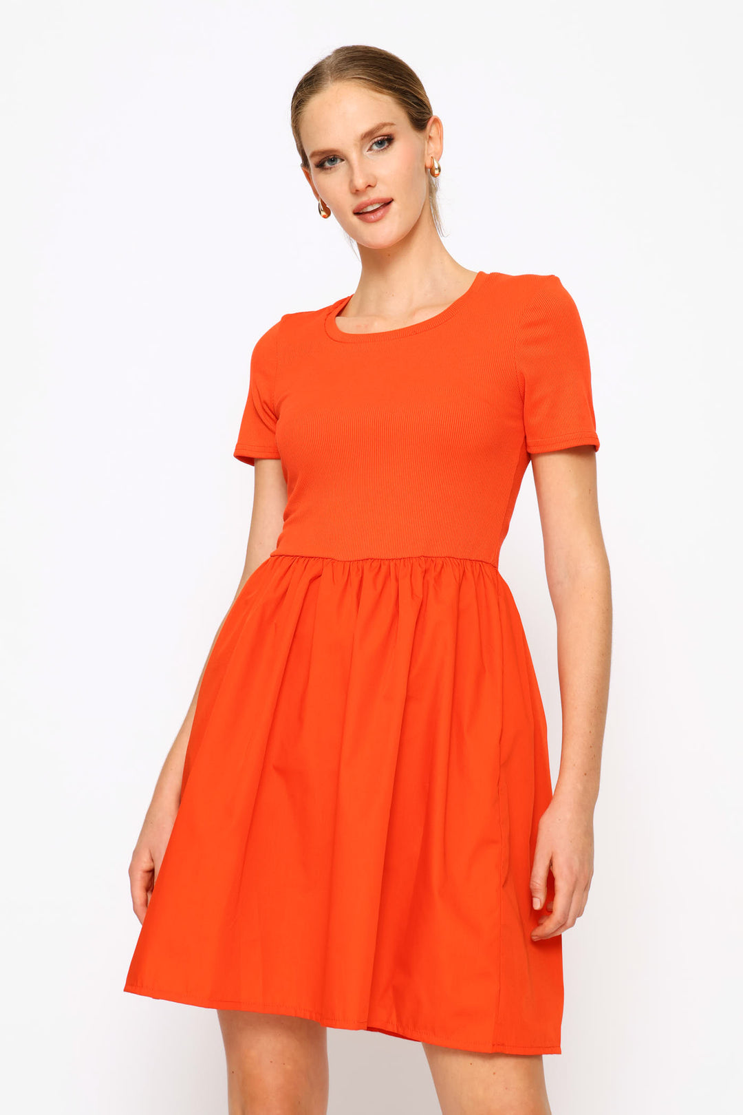 Rib Combo Babydoll Mini Dress - Dark Orange