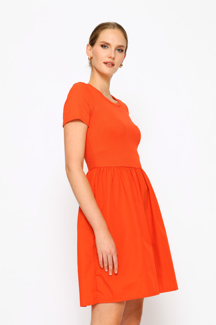 Rib Combo Babydoll Mini Dress - Dark Orange