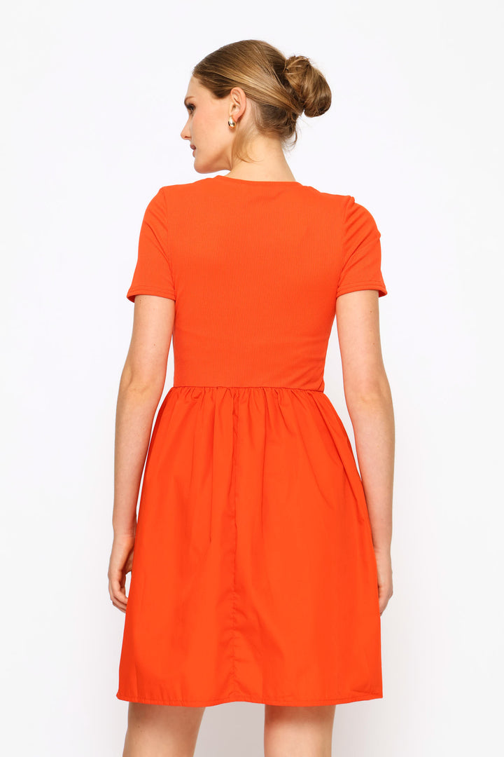 Rib Combo Babydoll Mini Dress - Dark Orange