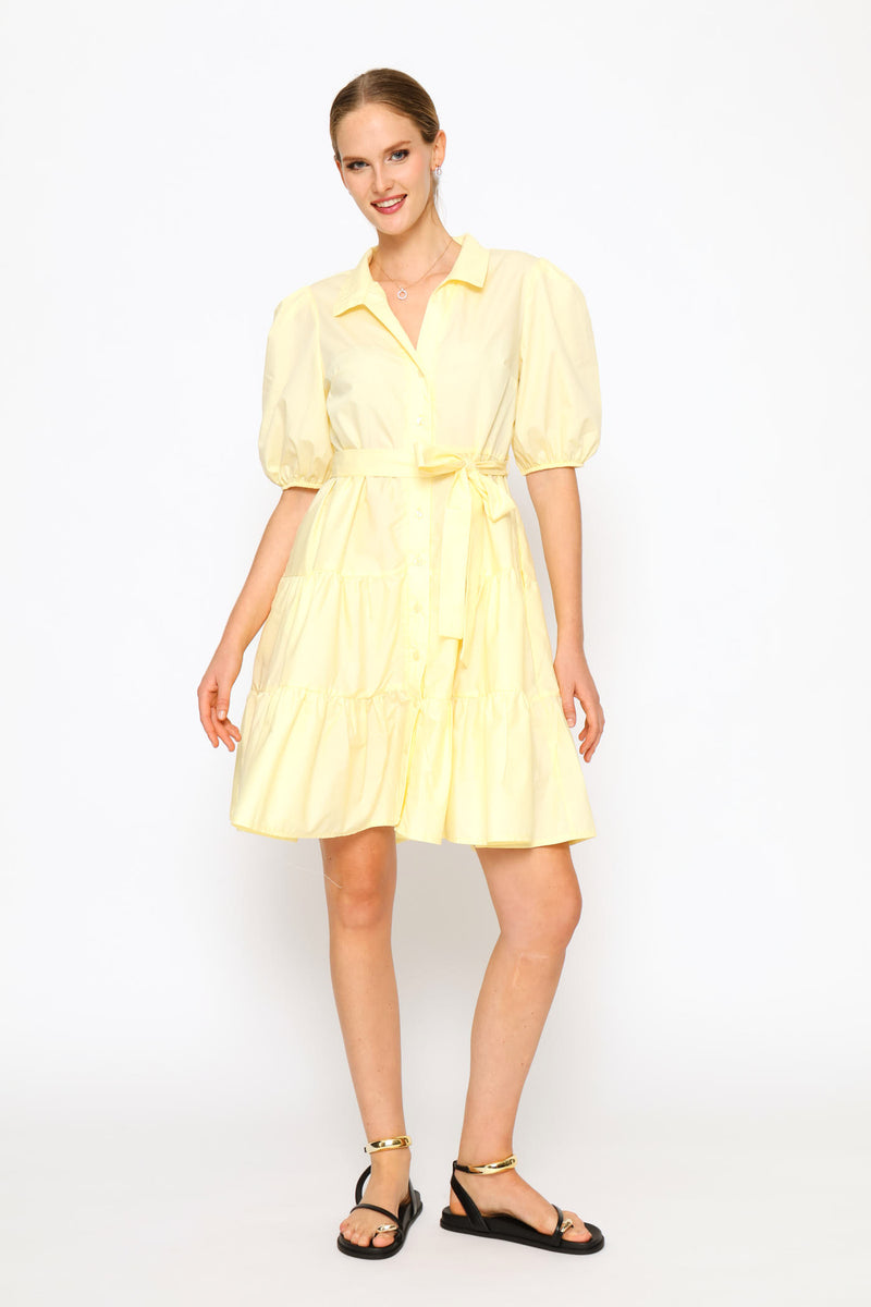 Collared Belted Tiered Shirt Dress - Pastel Yellow