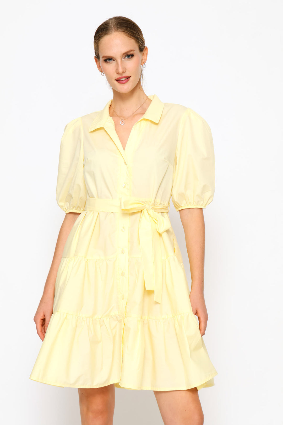 Collared Belted Tiered Shirt Dress - Pastel Yellow