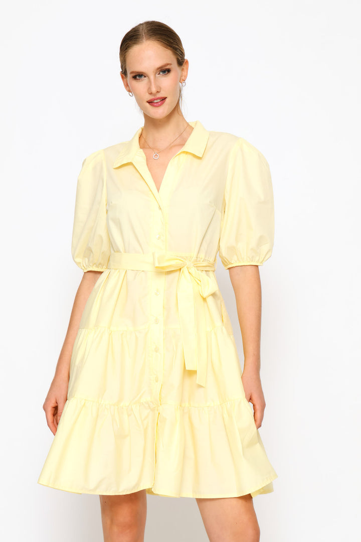 Collared Belted Tiered Shirt Dress - Pastel Yellow