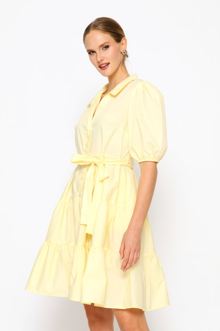 Collared Belted Tiered Shirt Dress - Pastel Yellow