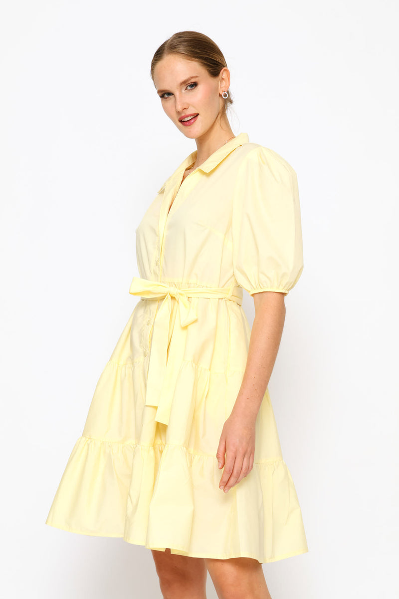 Collared Belted Tiered Shirt Dress - Pastel Yellow