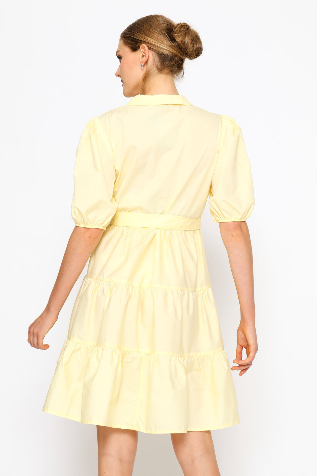 Collared Belted Tiered Shirt Dress - Pastel Yellow