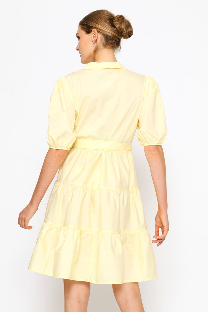 Collared Belted Tiered Shirt Dress - Pastel Yellow