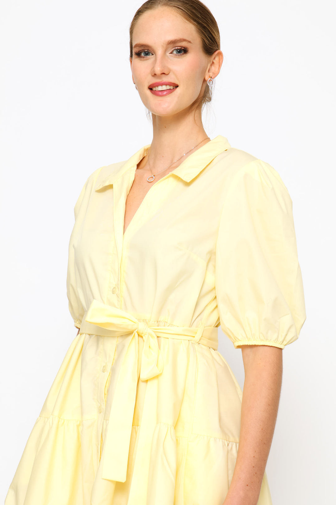 Collared Belted Tiered Shirt Dress - Pastel Yellow