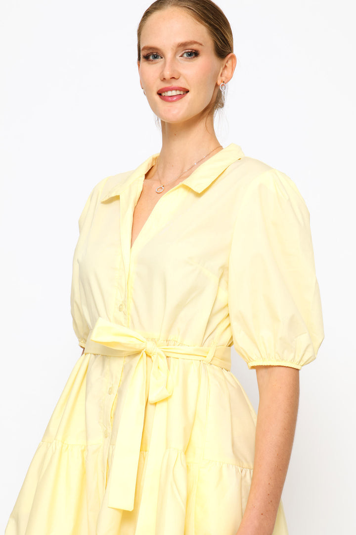 Collared Belted Tiered Shirt Dress - Pastel Yellow