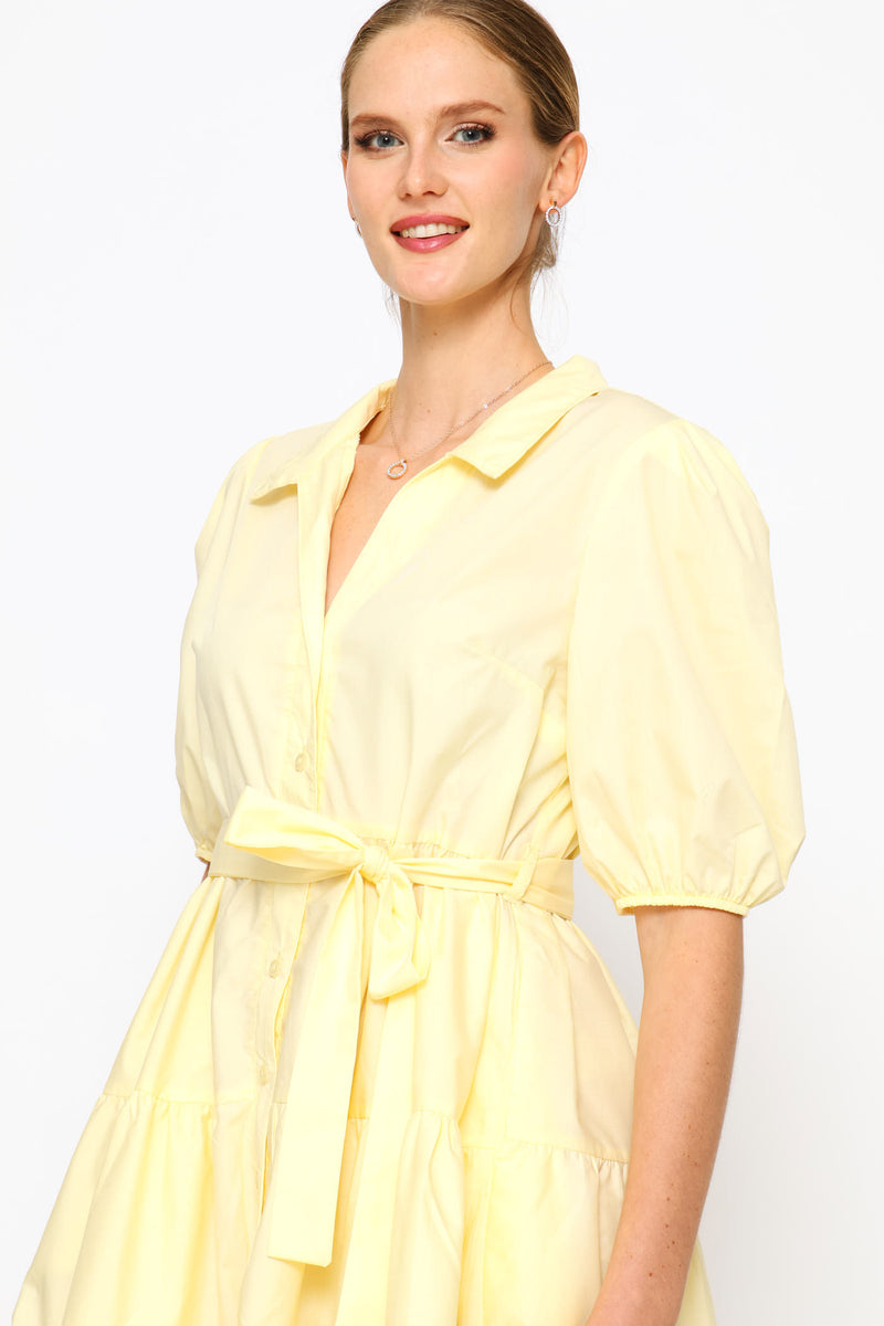 Collared Belted Tiered Shirt Dress - Pastel Yellow