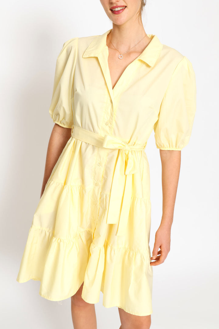 Collared Belted Tiered Shirt Dress - Pastel Yellow