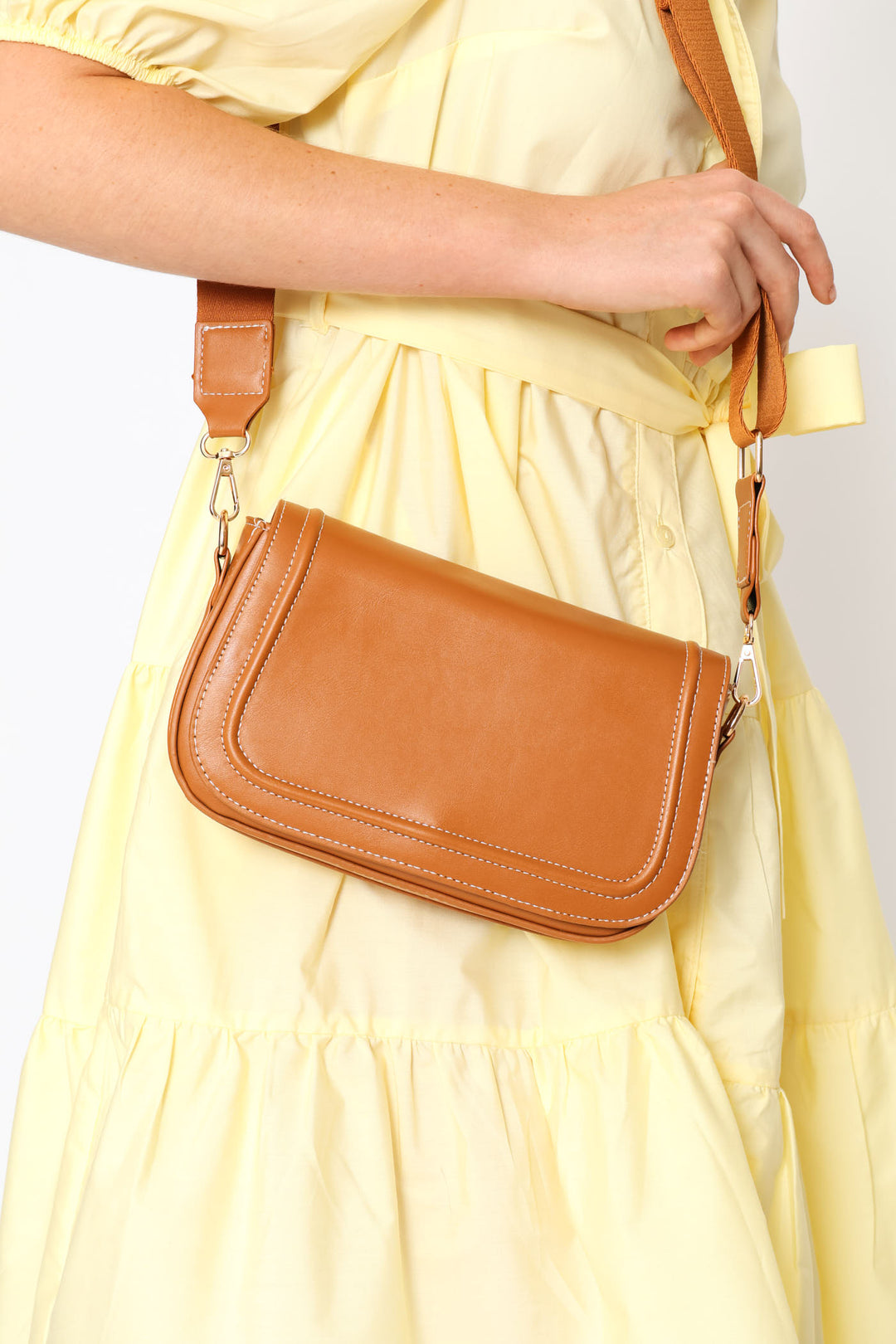 Contrast Stitch Crossbody Bag - Tan