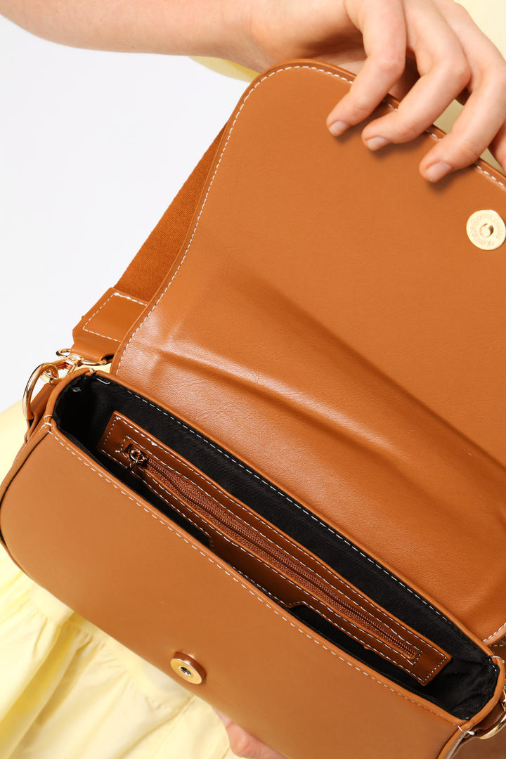 Contrast Stitch Crossbody Bag - Tan
