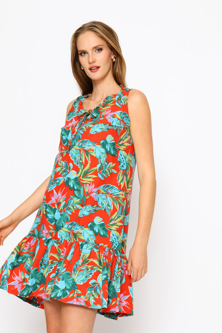 Frill Neck Frill Hem Mini Dress - Multi