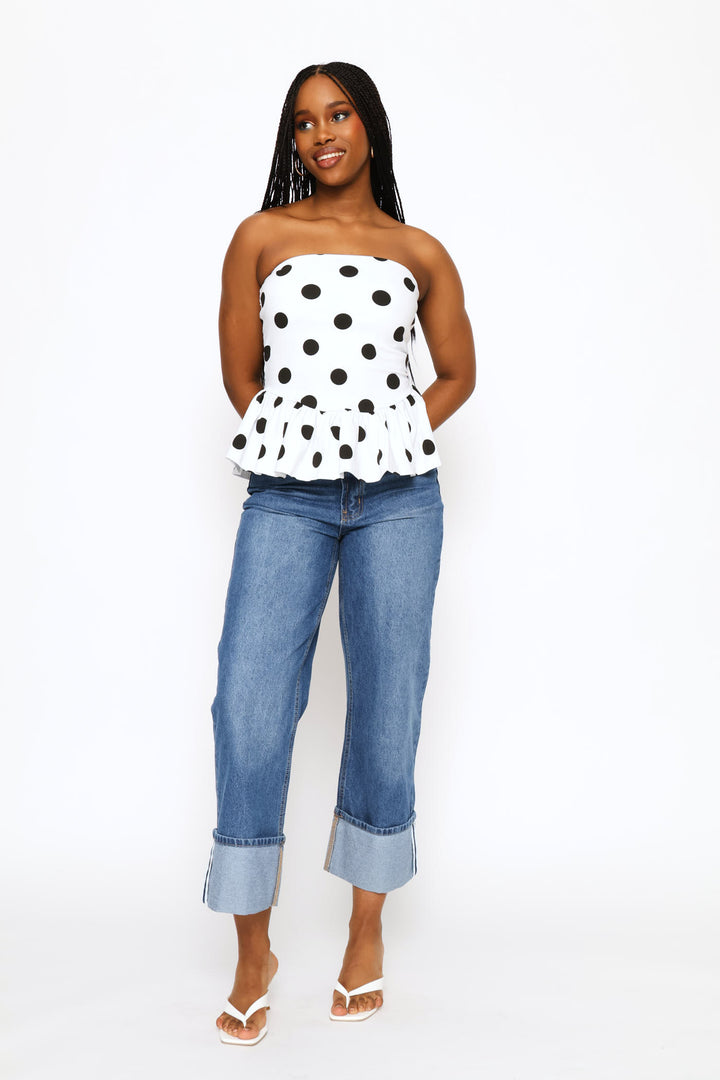 Polka Dot Peplum Boobtube Blouse - White