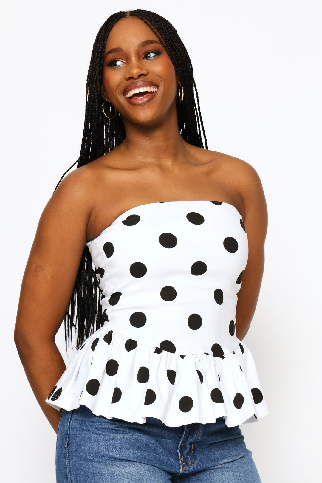 Polka Dot Peplum Boobtube Blouse - White