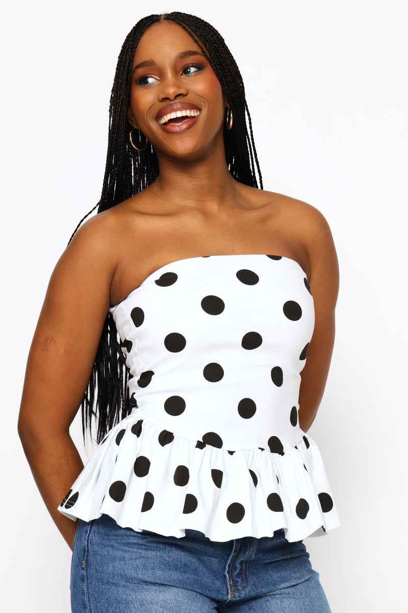 Polka Dot Peplum Boobtube Blouse - White