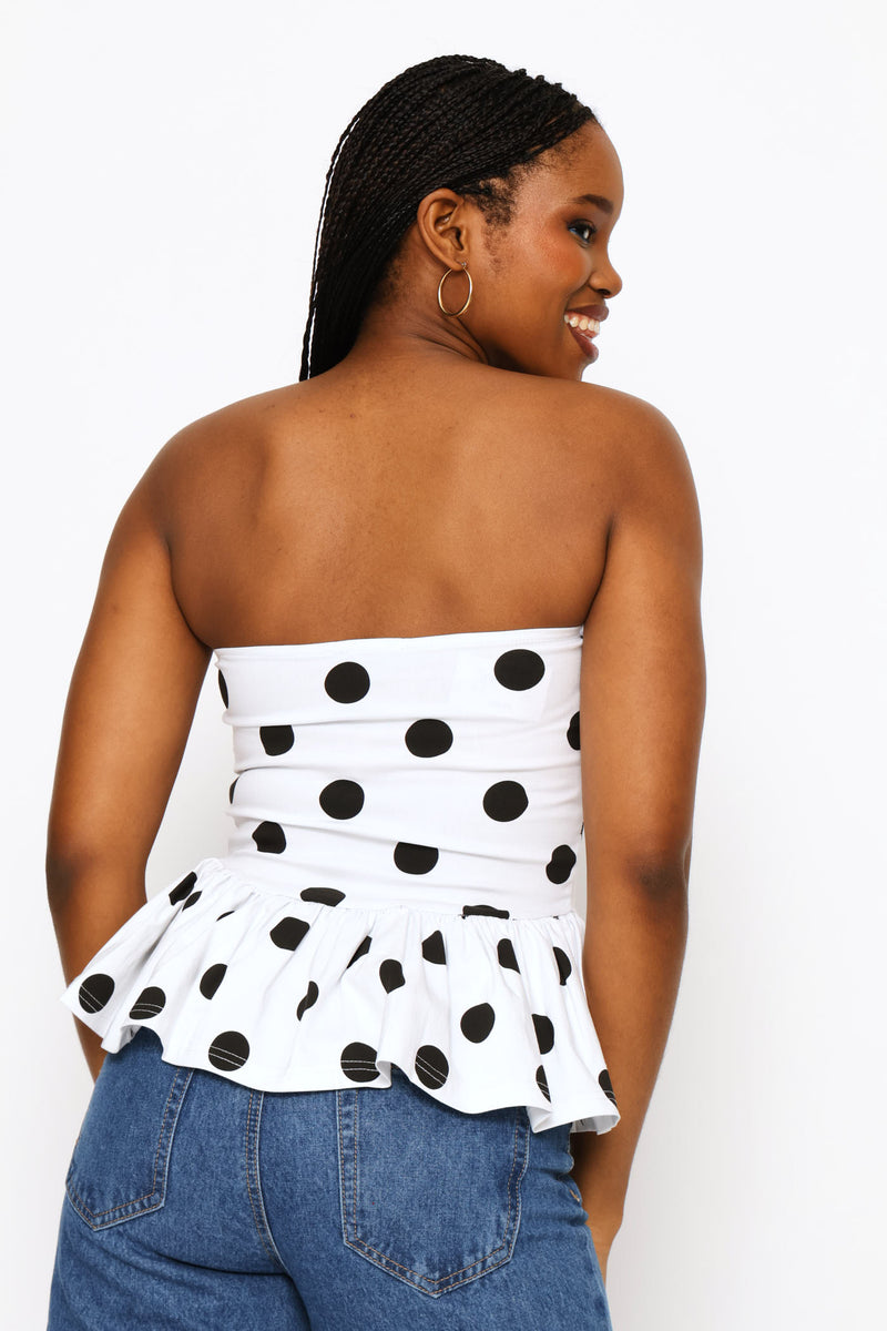 Polka Dot Peplum Boobtube Blouse - White