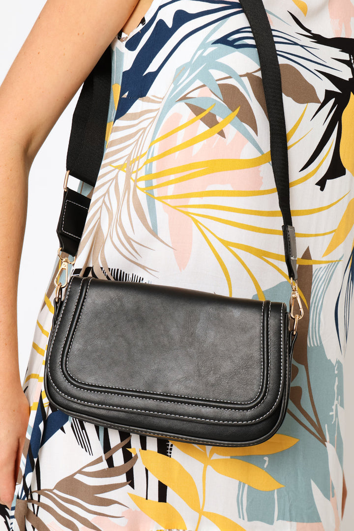 Contrast Stitch Crossbody Bag - Black