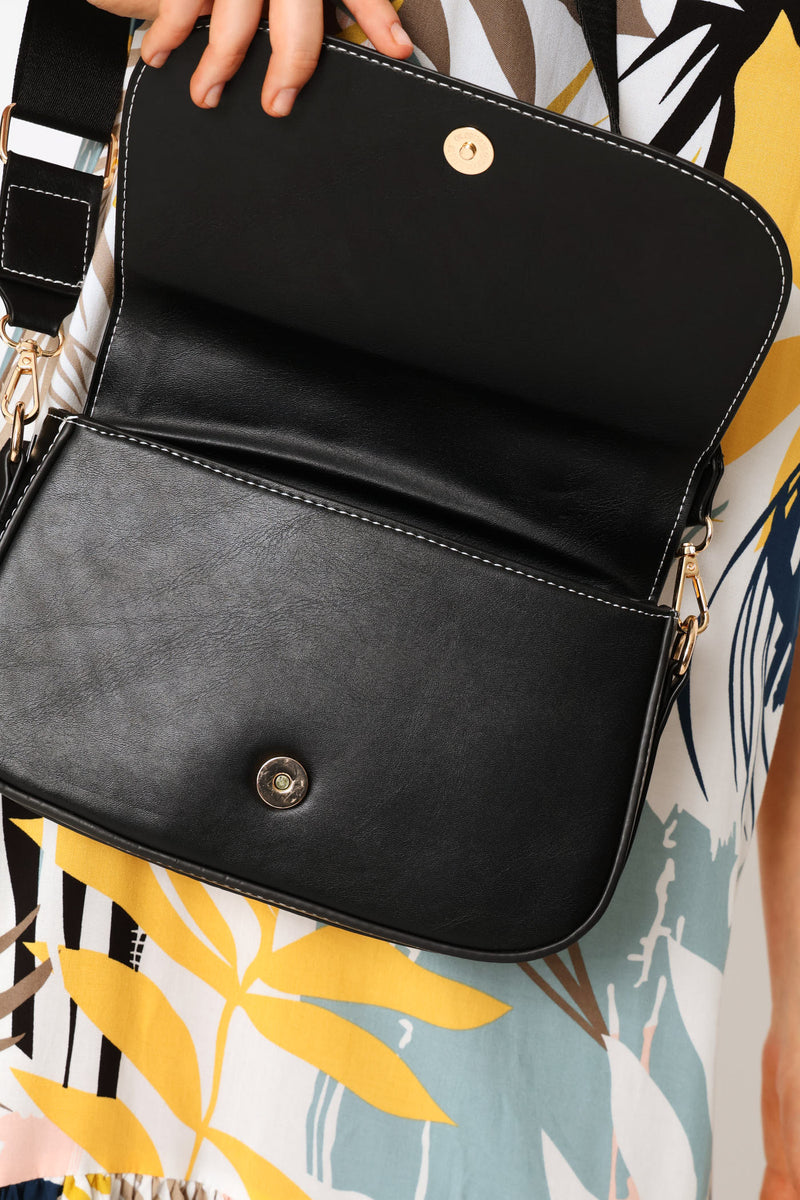 Contrast Stitch Crossbody Bag - Black