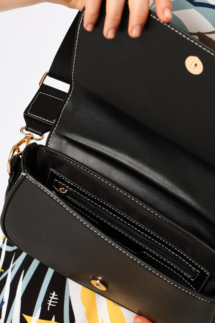 Contrast Stitch Crossbody Bag - Black