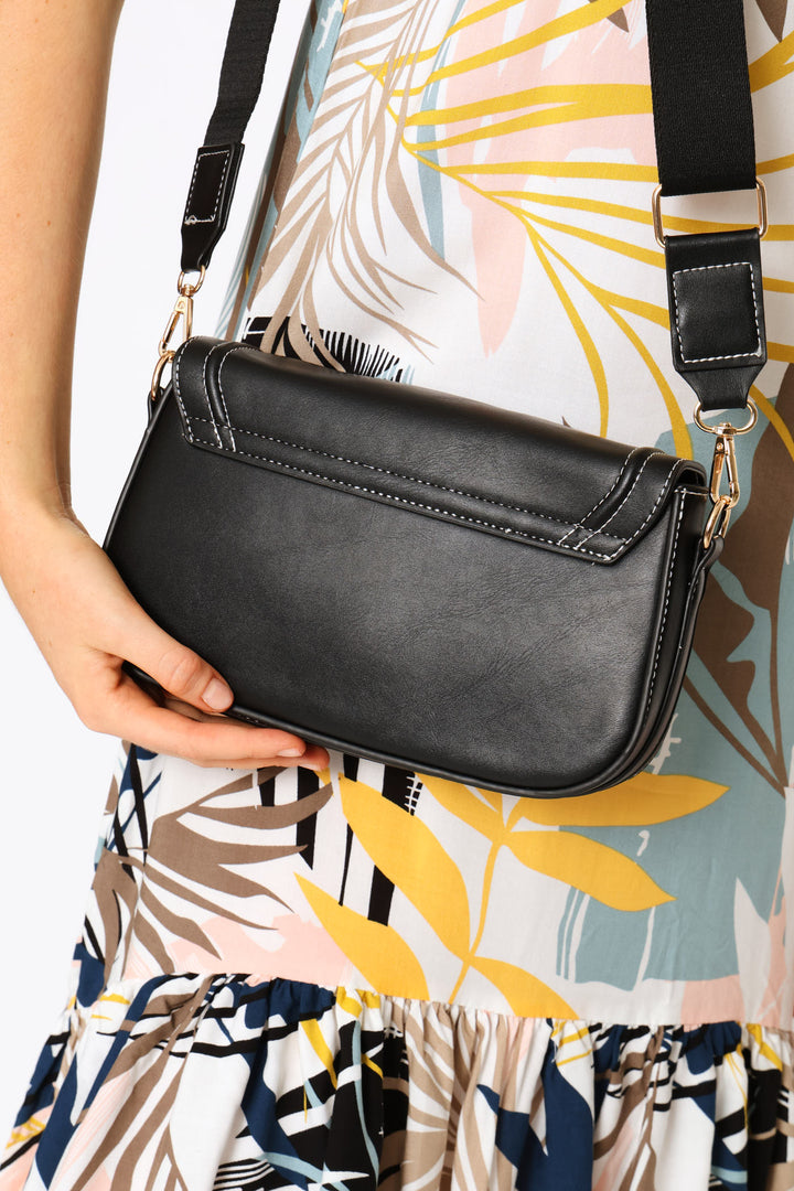 Contrast Stitch Crossbody Bag - Black