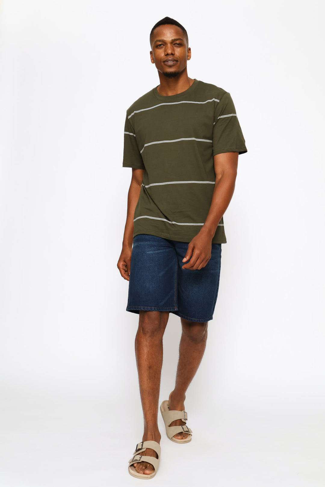 Double Thin Stripe Tee - Fatigue/Off White